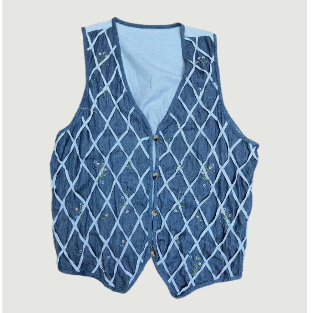 Vintage Women's Basketweave Denim Vest Cotton Embroidered Floral Cottage Plus